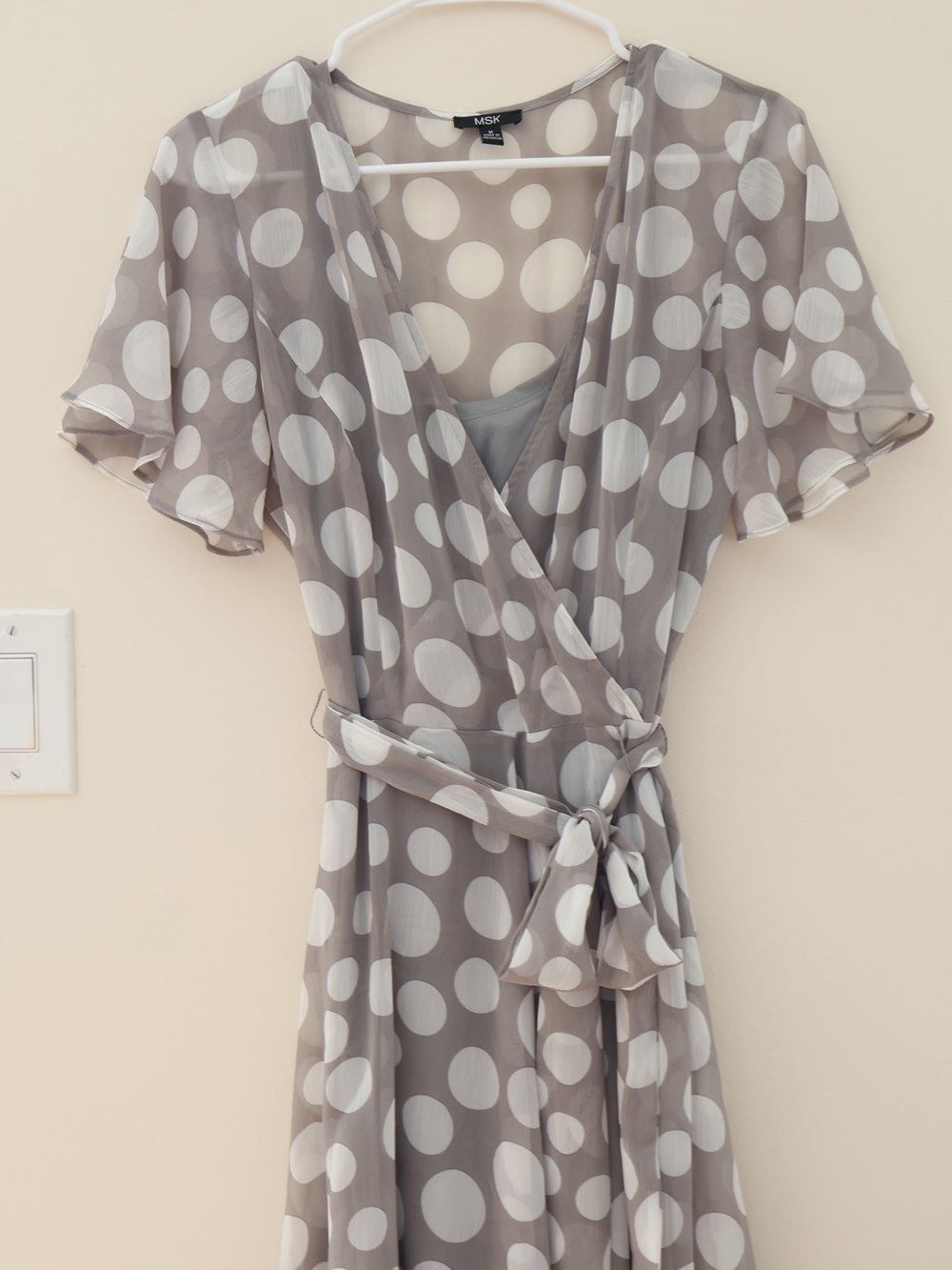 MSK Flowy Sheer Gauzy Asymmetrical Polka Dot Wrap Tie Midi Dress Sz M Retro Twee - Picture 7 of 10
